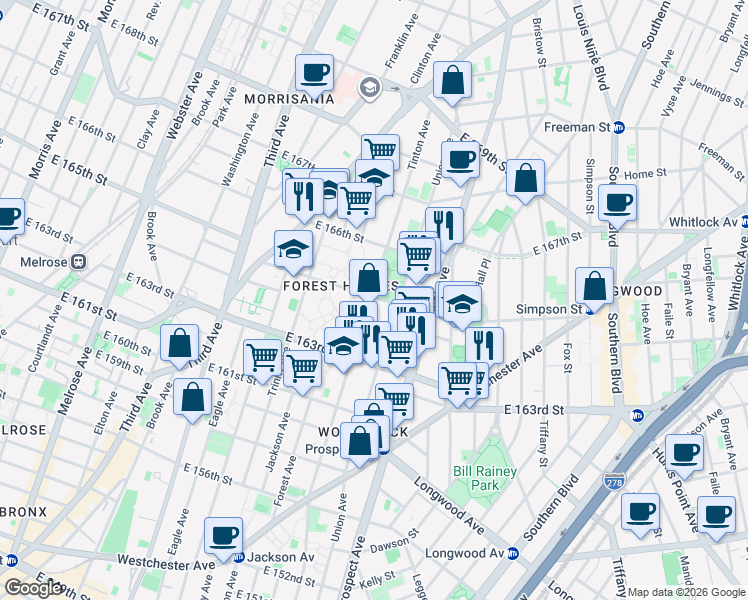 map of restaurants, bars, coffee shops, grocery stores, and more near 780 East 165th Street in The Bronx