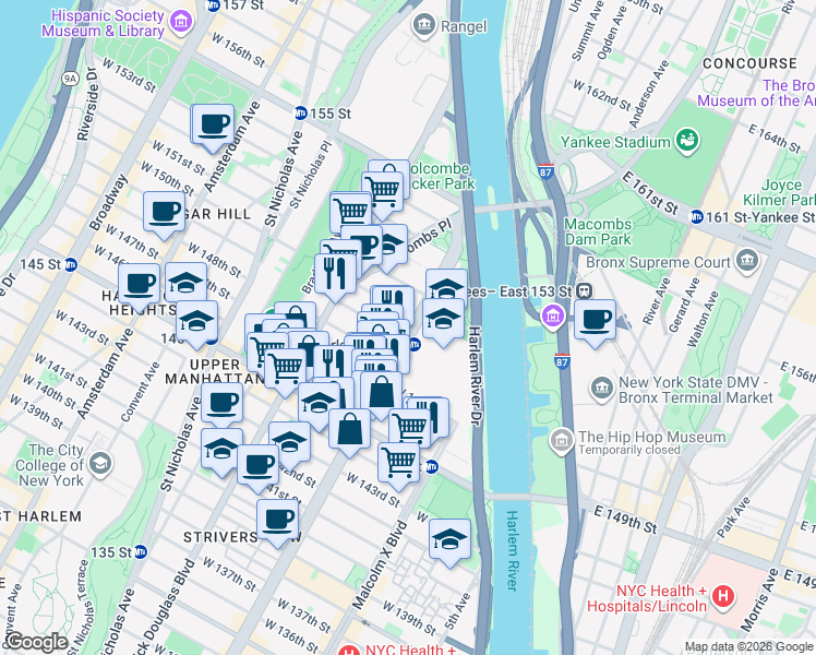 map of restaurants, bars, coffee shops, grocery stores, and more near 2589 Adam Clayton Powell Junior Boulevard in New York