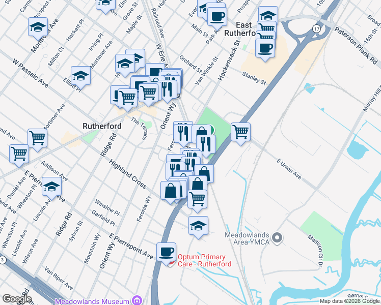 map of restaurants, bars, coffee shops, grocery stores, and more near 17 Meadow Road in Rutherford