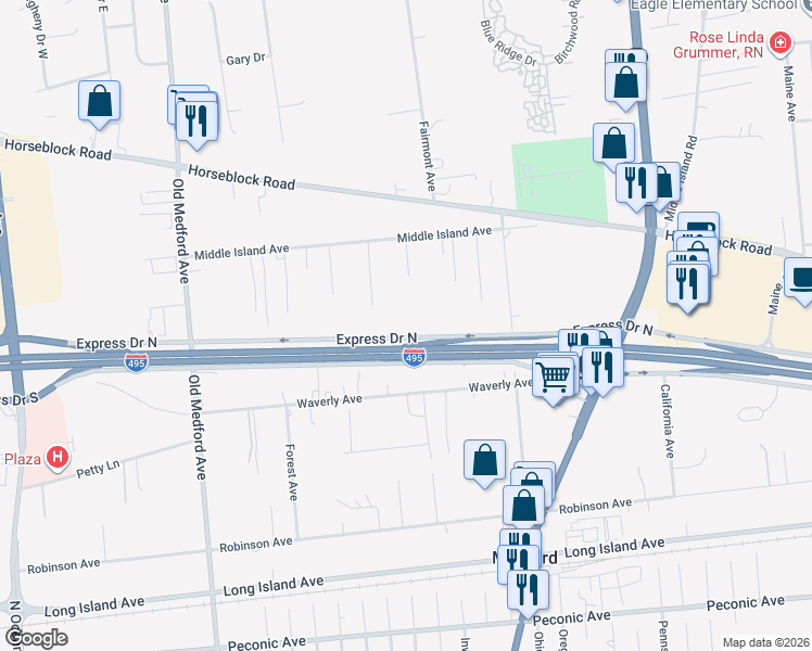 map of restaurants, bars, coffee shops, grocery stores, and more near 51 Expressway Service North Road in Medford