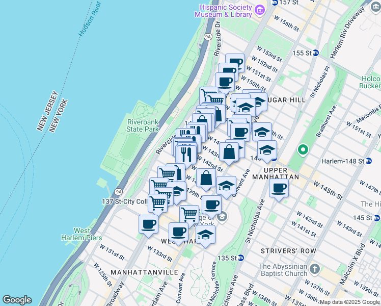 map of restaurants, bars, coffee shops, grocery stores, and more near Broadway & W 142nd St in New York