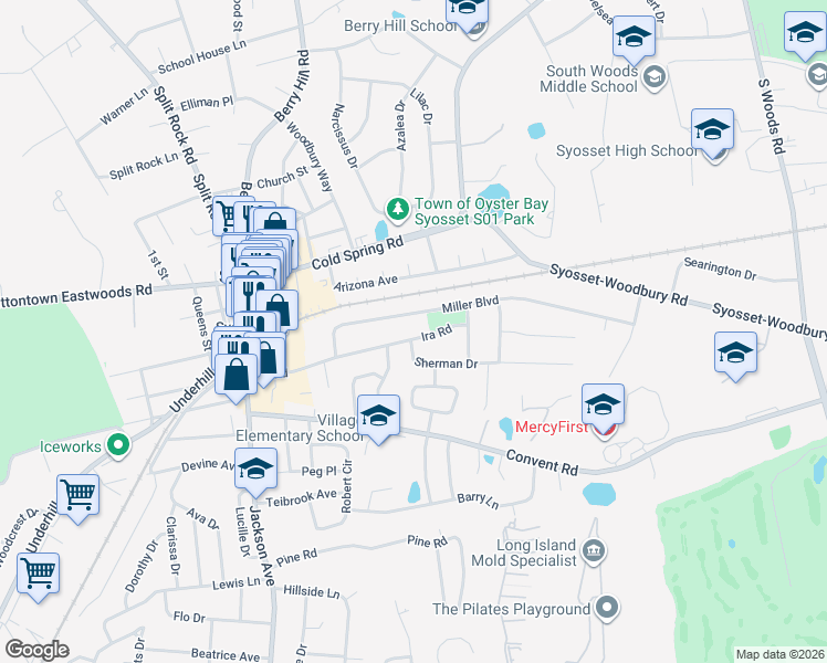 map of restaurants, bars, coffee shops, grocery stores, and more near 1 Sherman Drive in Syosset