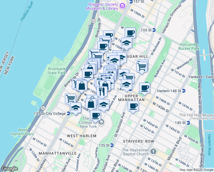 map of restaurants, bars, coffee shops, grocery stores, and more near 500 West 144th Street in New York