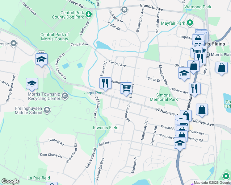 map of restaurants, bars, coffee shops, grocery stores, and more near 118 West Hanover Avenue in Morris Plains