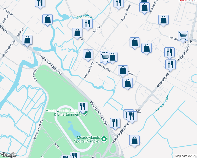 map of restaurants, bars, coffee shops, grocery stores, and more near 1 Palmer Terrace in Carlstadt