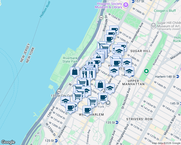 map of restaurants, bars, coffee shops, grocery stores, and more near 600 West 142nd Street in New York
