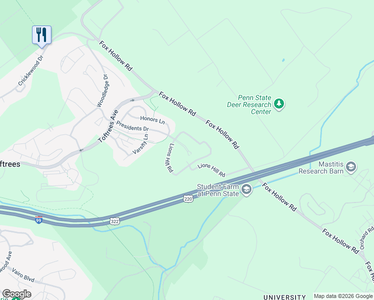 map of restaurants, bars, coffee shops, grocery stores, and more near 260 Lions Hill Road in State College