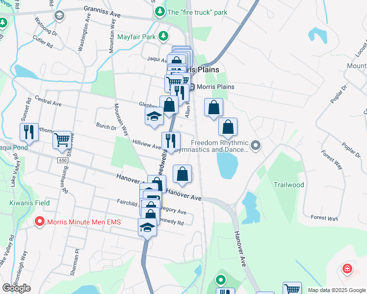 map of restaurants, bars, coffee shops, grocery stores, and more near 15 Dayton Road in Morris Plains
