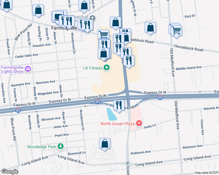 map of restaurants, bars, coffee shops, grocery stores, and more near 5535 Express Drive North in Holtsville