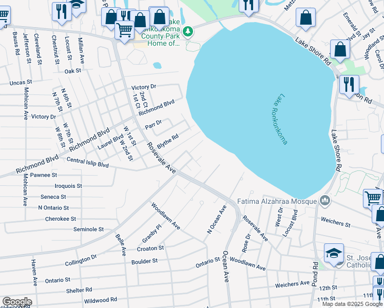 map of restaurants, bars, coffee shops, grocery stores, and more near 5 South Drive in Ronkonkoma