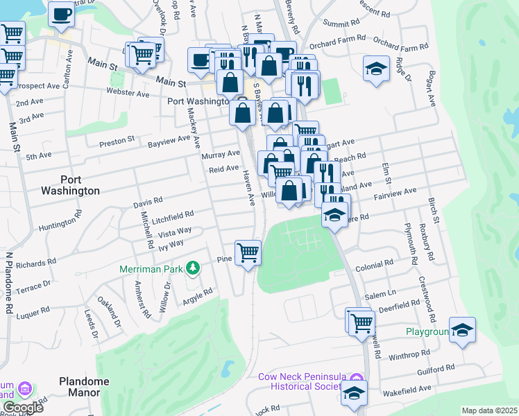 map of restaurants, bars, coffee shops, grocery stores, and more near 99 Haven Avenue in Port Washington