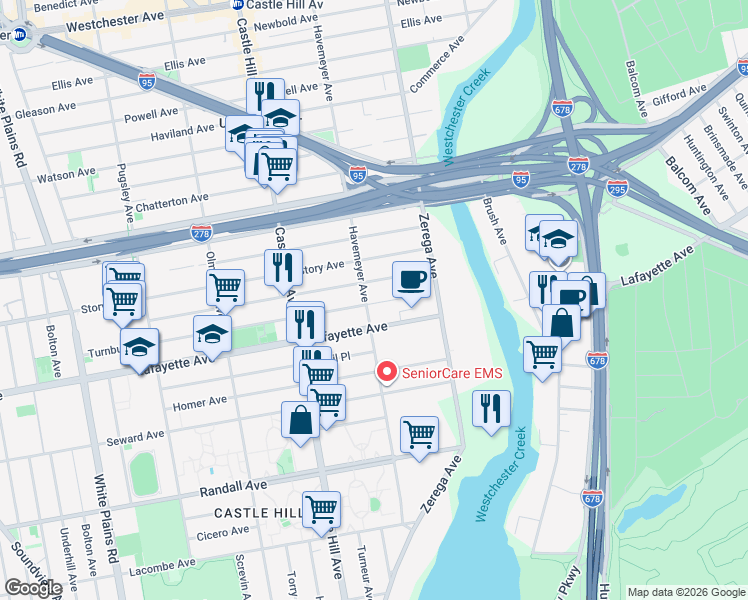 map of restaurants, bars, coffee shops, grocery stores, and more near 2265 Lafayette Avenue in Bronx