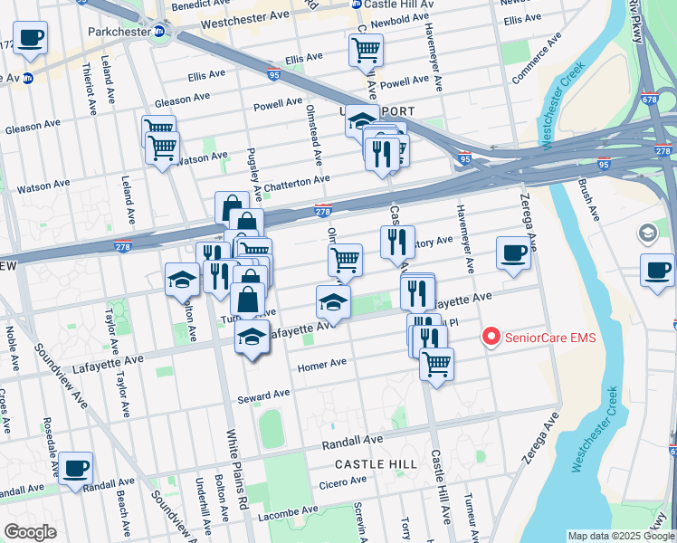 map of restaurants, bars, coffee shops, grocery stores, and more near 843 Olmstead Avenue in Bronx