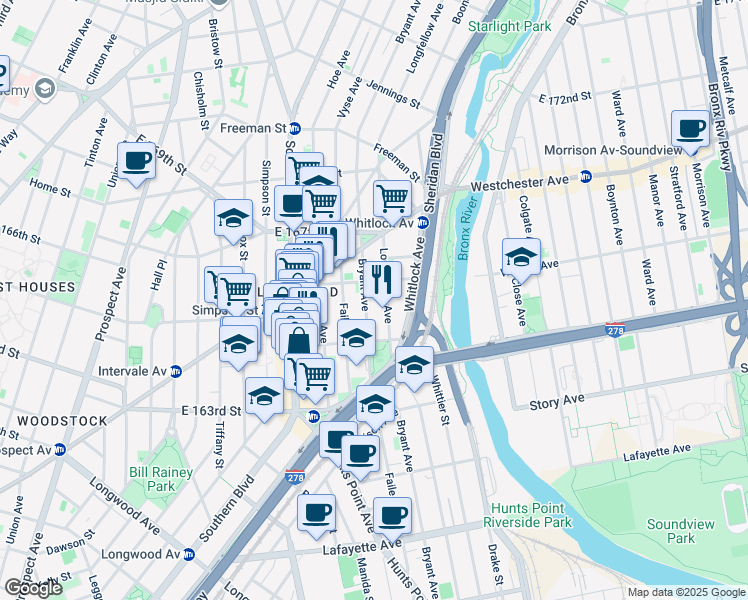 map of restaurants, bars, coffee shops, grocery stores, and more near 1020 Bryant Avenue in Bronx