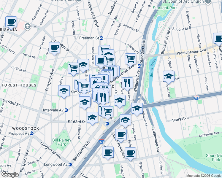 map of restaurants, bars, coffee shops, grocery stores, and more near 1029 Faile Street in Bronx