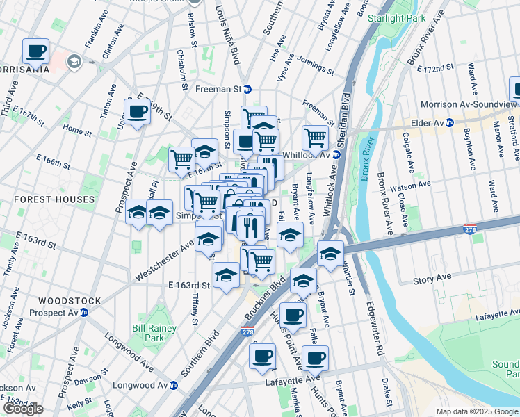 map of restaurants, bars, coffee shops, grocery stores, and more near in The Bronx