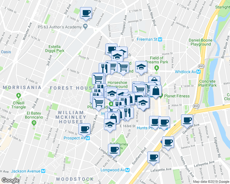 map of restaurants, bars, coffee shops, grocery stores, and more near in Bronx