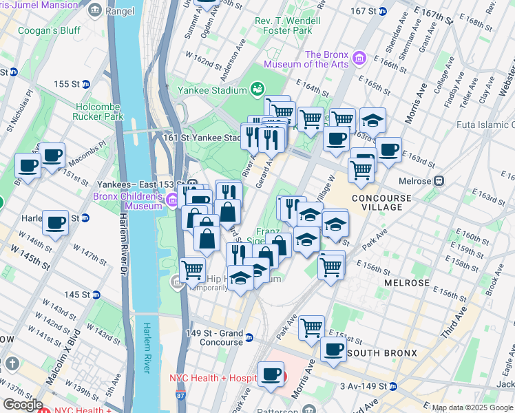 map of restaurants, bars, coffee shops, grocery stores, and more near 721 Walton Avenue in Bronx