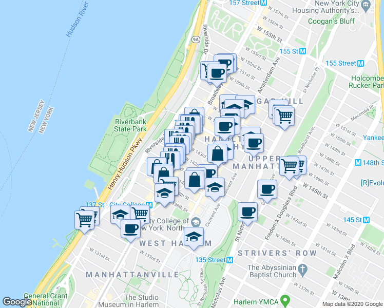 map of restaurants, bars, coffee shops, grocery stores, and more near 552 West 142nd Street in New York