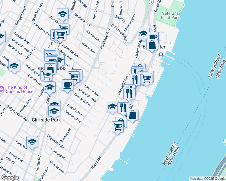 map of restaurants, bars, coffee shops, grocery stores, and more near 1.A Old Wood Road in Edgewater
