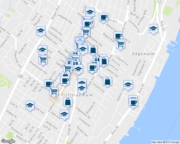 map of restaurants, bars, coffee shops, grocery stores, and more near 223 Delia Lane in Cliffside Park