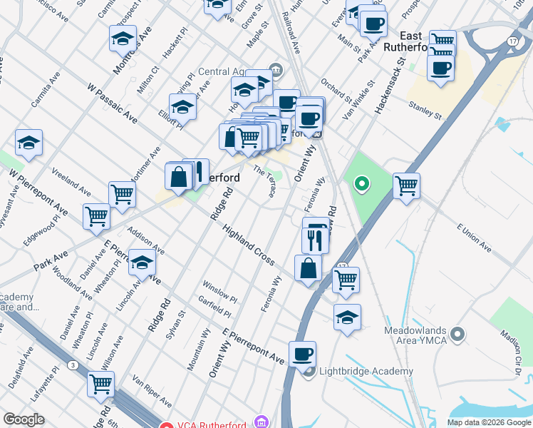 map of restaurants, bars, coffee shops, grocery stores, and more near 103 Mountain Way in Rutherford