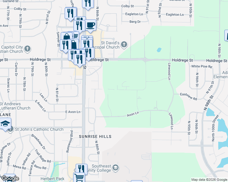map of restaurants, bars, coffee shops, grocery stores, and more near 1000 North 88th Street in Lincoln