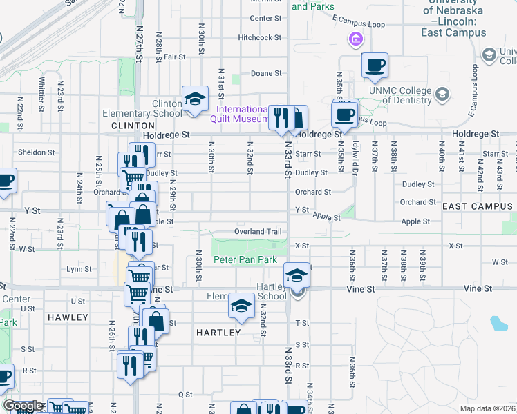 map of restaurants, bars, coffee shops, grocery stores, and more near 3146 Apple Street in Lincoln