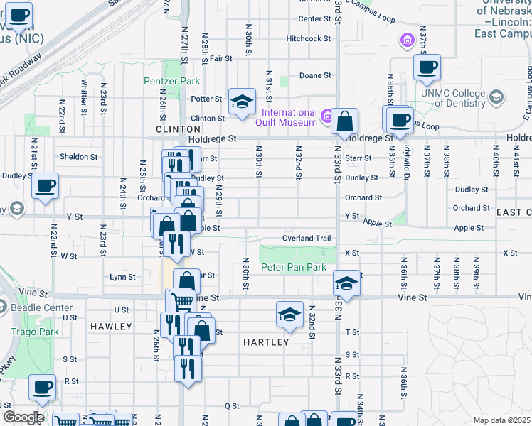 map of restaurants, bars, coffee shops, grocery stores, and more near 3029 Apple Street in Lincoln