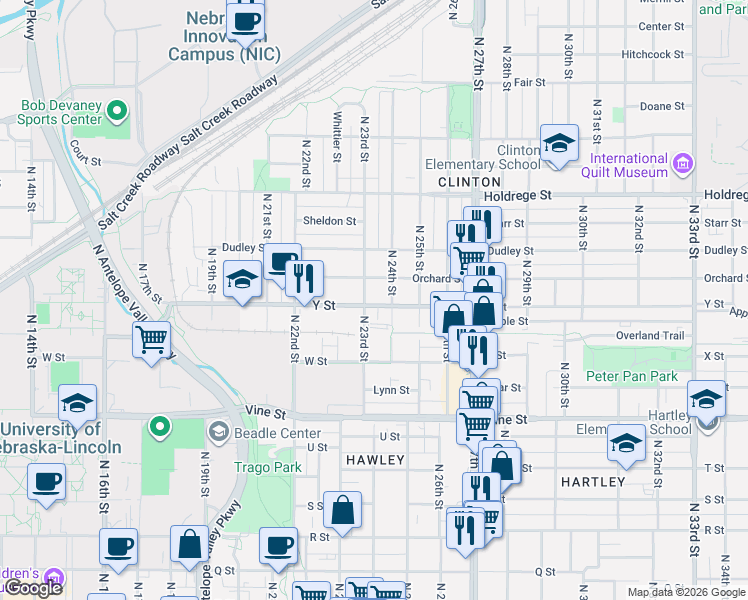 map of restaurants, bars, coffee shops, grocery stores, and more near 1014 North 23rd Street in Lincoln