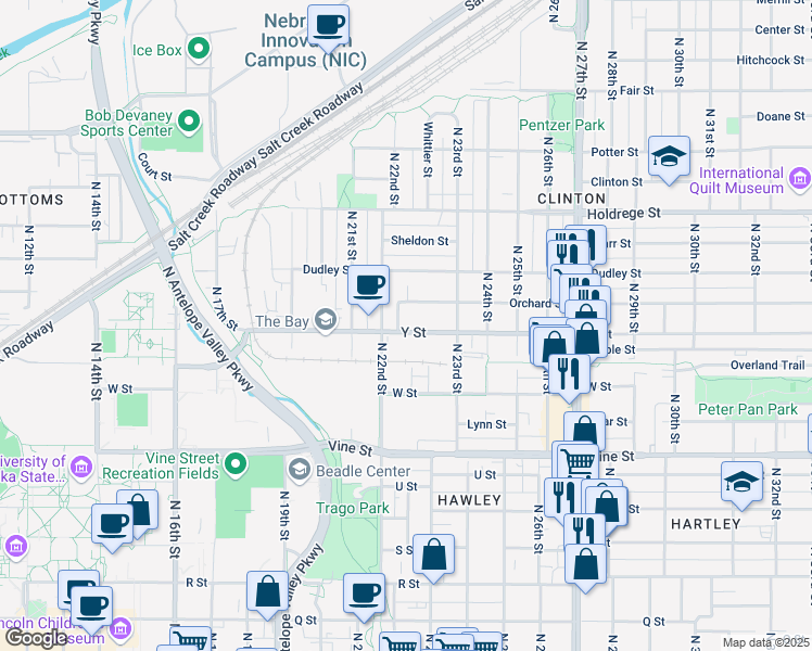 map of restaurants, bars, coffee shops, grocery stores, and more near 2259 Y Street in Lincoln