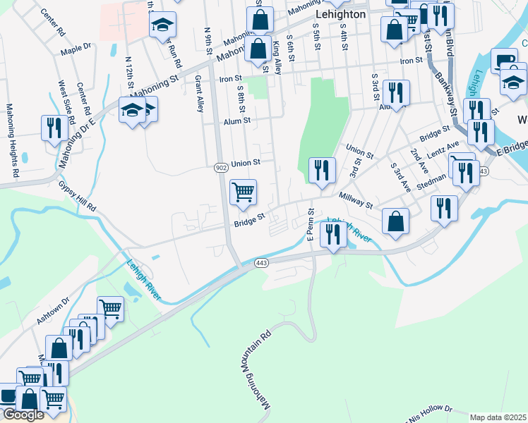 map of restaurants, bars, coffee shops, grocery stores, and more near 724 Bridge Street in Lehighton