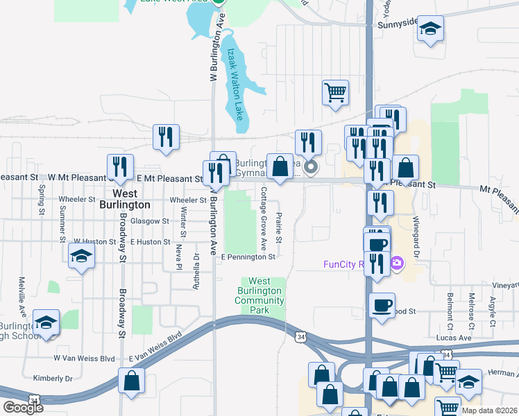 map of restaurants, bars, coffee shops, grocery stores, and more near 222 Cottage Grove Ave in West Burlington