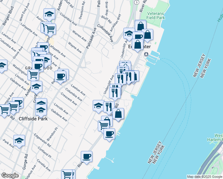 map of restaurants, bars, coffee shops, grocery stores, and more near 40 Edgewater Place in Edgewater