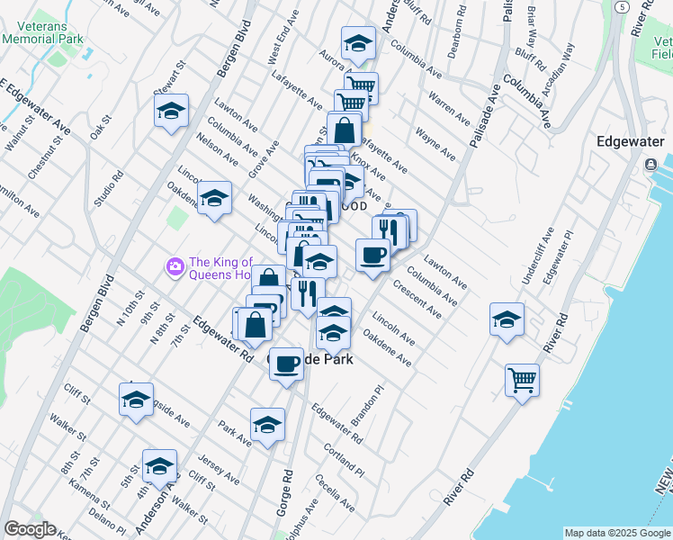 map of restaurants, bars, coffee shops, grocery stores, and more near 223 Delia Lane in Cliffside Park