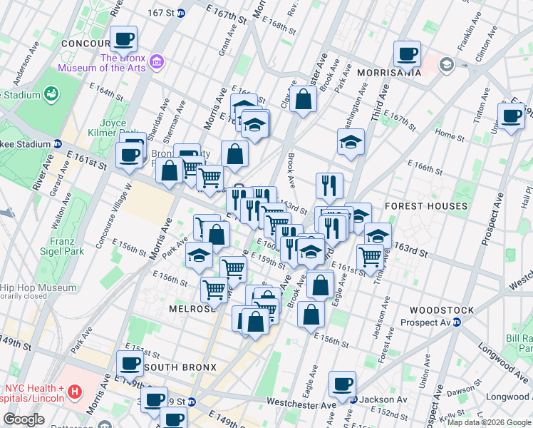 map of restaurants, bars, coffee shops, grocery stores, and more near 435 East 161 Street in The Bronx