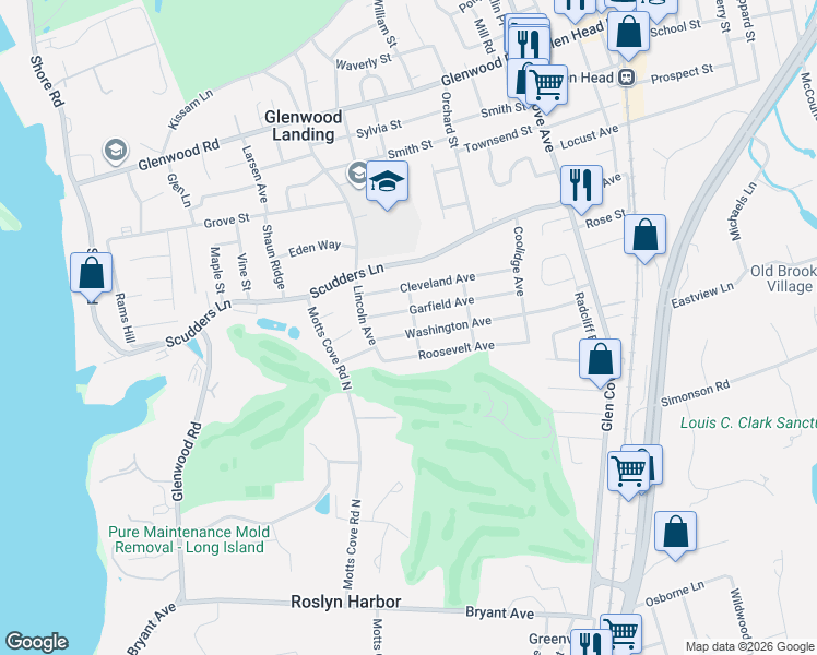 map of restaurants, bars, coffee shops, grocery stores, and more near 58 Roosevelt Avenue in Glen Head
