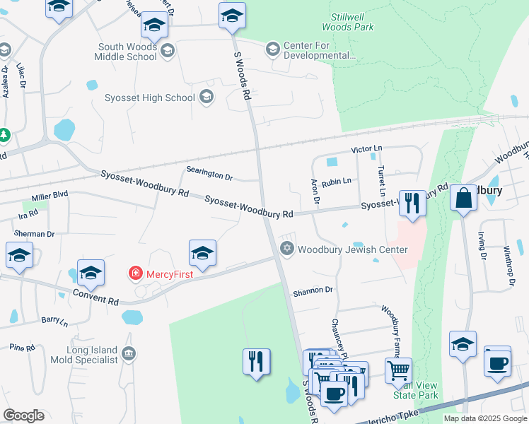 map of restaurants, bars, coffee shops, grocery stores, and more near South Woods Road in Woodbury