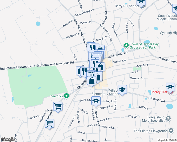 map of restaurants, bars, coffee shops, grocery stores, and more near 48 Nassau Street in Syosset