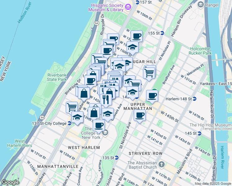 map of restaurants, bars, coffee shops, grocery stores, and more near 130 Hamilton Place in New York
