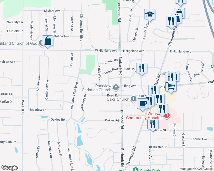 map of restaurants, bars, coffee shops, grocery stores, and more near 1923 Fisher Drive in Wooster