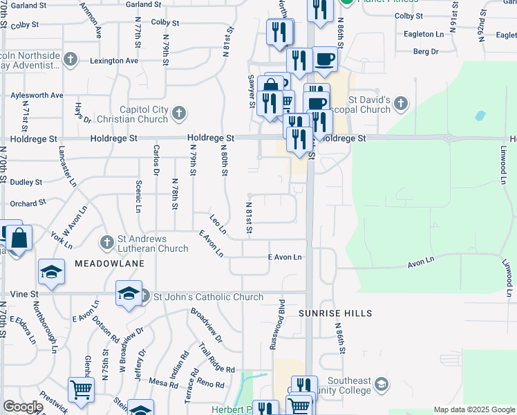 map of restaurants, bars, coffee shops, grocery stores, and more near 8118 Mackenzie Road in Lincoln