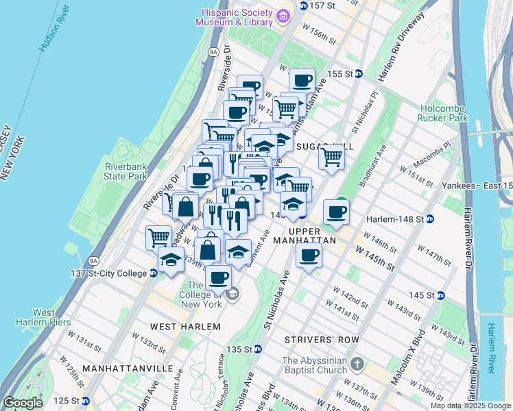 map of restaurants, bars, coffee shops, grocery stores, and more near 130 Hamilton Place in New York
