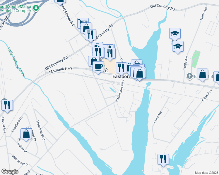 map of restaurants, bars, coffee shops, grocery stores, and more near 172 Mott Place in Eastport