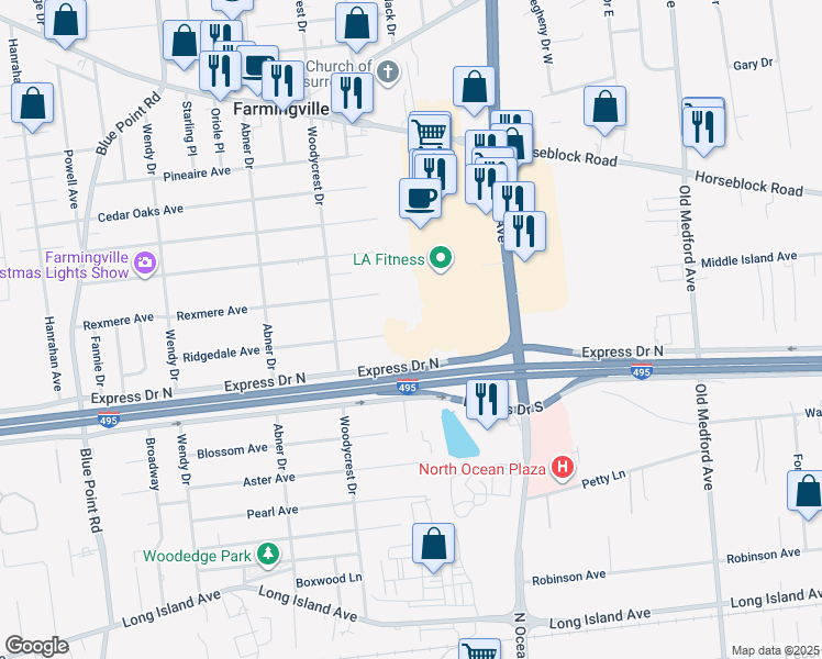 map of restaurants, bars, coffee shops, grocery stores, and more near 5537 Express Drive North in Holtsville