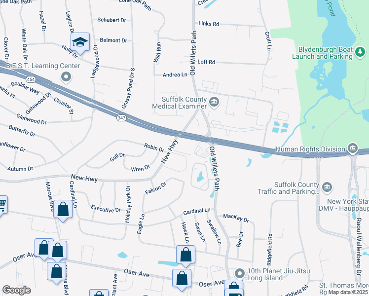 map of restaurants, bars, coffee shops, grocery stores, and more near 550-562 New Highway in Hauppauge