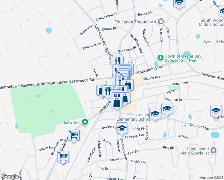 map of restaurants, bars, coffee shops, grocery stores, and more near 35 Underhill Boulevard in Syosset
