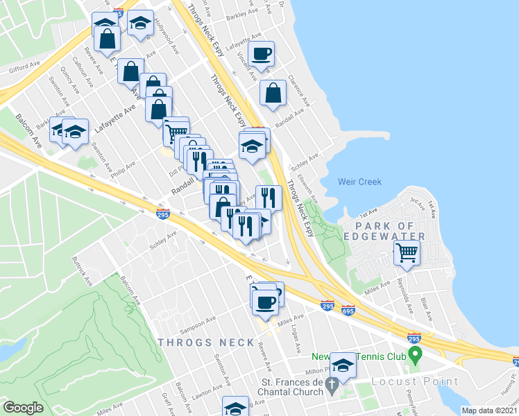 map of restaurants, bars, coffee shops, grocery stores, and more near 538 Logan Avenue in Bronx