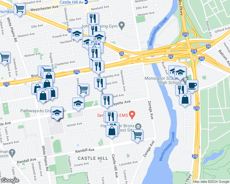 map of restaurants, bars, coffee shops, grocery stores, and more near 2226 Turnbull Avenue in Bronx