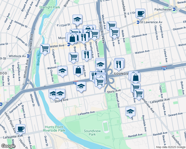 map of restaurants, bars, coffee shops, grocery stores, and more near 1591 Bruckner Boulevard in The Bronx